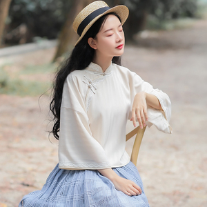 唐装盘扣上衣女倒大袖茶服短款旗袍式汉服国风复古改良日常装少女