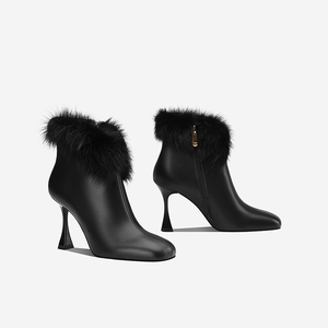 黑色真皮细跟毛毛靴女2023冬季新款加绒高跟靴子气质方头法式短靴