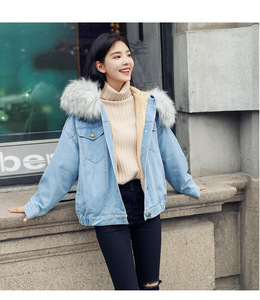 新款2019秋冬牛仔外套女韩版宽松加厚羊羔绒连帽大毛领棉衣短款潮