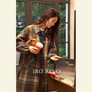 IRO REVO法式法式复古赫本风毛呢大衣穿搭宽松慵懒撞色格子外套女