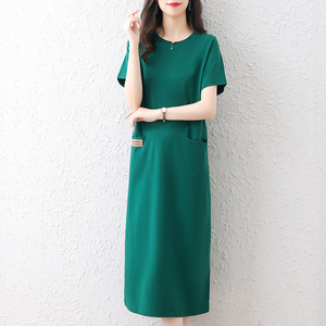 短袖纯棉连衣裙女夏季长款过膝口袋休闲宽松大码运动t恤长裙全棉