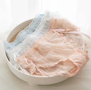 新款仙气泡泡蕾丝镂空丝带褶皱网纱中腰蕾丝纯棉裆日系少女三角裤