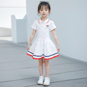 女童学院风连衣裙大童白色棉质儿童夏季学生运动裙子小女孩Polo裙