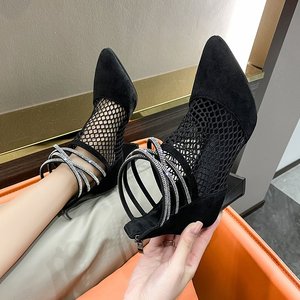 网面短靴女夏季薄款渔网靴尖头高跟靴设计感小众水钻透气镂空凉靴