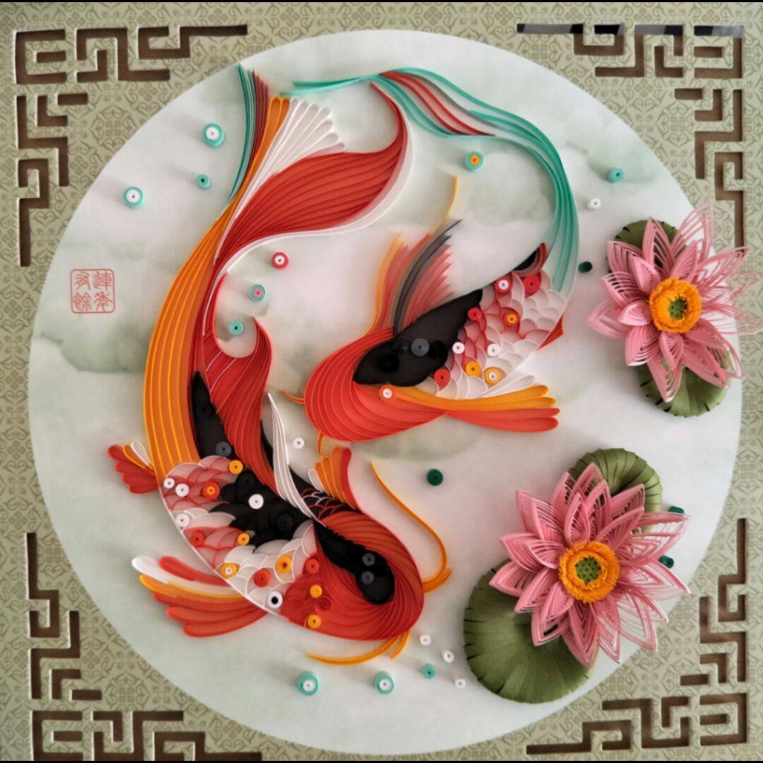 衍纸画成品金鱼a4幼儿园纯手工作业2018新品家居装饰摆台粘贴纸艺