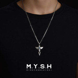MYSH纯银天使之翼项链男士潮牌百搭十字架吊坠高级感小众挂饰礼物