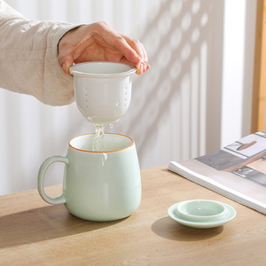陶瓷泡茶杯茶水分离办公杯带盖带过滤茶杯个人专用水杯子定制logo