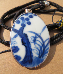 嘉庆老瓷片 纯银包镶挂件 老瓷片吊坠 瓷片项链吊坠