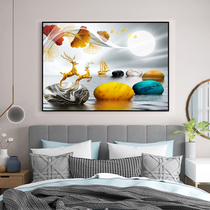 卧室床头招财挂画现代简约主卧单幅风水招财麋鹿背景墙壁餐厅壁画