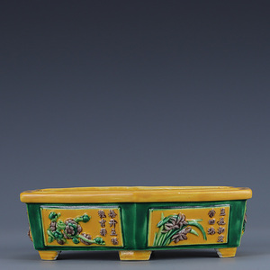 【清仓】清代一善堂制素三彩浅浮雕花卉纹花盆古董瓷器古玩摆件