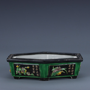 【清仓】清代一善堂制素三彩浅浮雕花卉纹花盆古董瓷器家居摆件