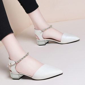 京东购物商城女凉鞋夏季粗跟中跟包头尖头复古单鞋学生一字扣铆钉