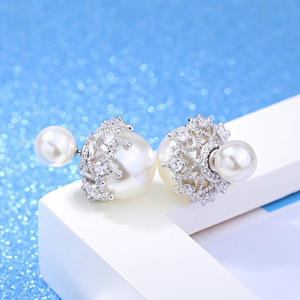 韩国耳钉女气质简约两戴大小双面珍珠镂空锆石耳环防过敏银耳饰品