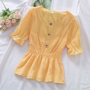 黄色雪纺衫衬衫女气质短袖衬衣女薄款松紧腰显瘦休闲百搭纯色上衣