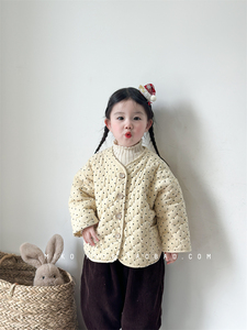 韩版冬季新品女童灯芯绒波点印花夹棉棉衣外套宝宝洋气保暖小棉袄
