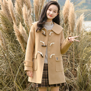少女毛呢外套秋冬季初中学生冬装小个子大童牛角扣呢子大衣学院风