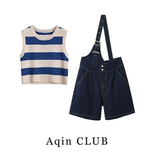 Aqin CLUB时尚套装女夏季2024新款搭配一整套牛仔背带短裤两件套