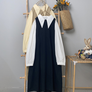 早春新款百搭休闲纯色长裙两件套日系宽松无袖马甲裙衬衫工装套装