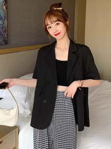 特大码300斤黑色短袖西装外套女夏季薄款韩版宽松半袖小西服上衣
