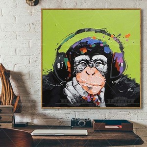 耳机听音乐猴子黑猩猩油画手绘现代简约抽象动物装饰立体厚油挂画