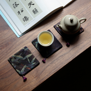 中式布艺带流苏香云纱杯垫置物垫防烫杯托手工隔热垫茶具配件茶垫
