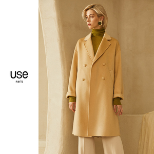 【狂欢价】USE驼色水波纹双面呢大衣女新款2020冬毛呢外套