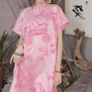 新中式国风女装改良旗袍女士高端精致气质宽松显瘦粉色印花连衣裙