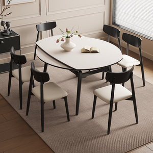 家用折叠岩板圆桌黑色极简美式复古伸缩实木圆形餐桌椅组合小户型