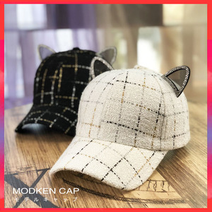日本帽子女春秋季潮百搭鸭舌帽女小格子猫耳朵街头学生棒球帽亲子