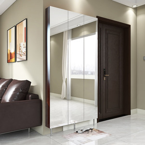 轻奢鞋柜15cm超薄家用门口带全身镜子大容量超窄收纳穿衣镜柜定制