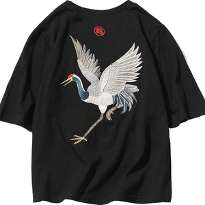 夏装短袖男韩版日系学生百搭半袖潮流上衣服宽松鱼鹤刺绣港风t恤