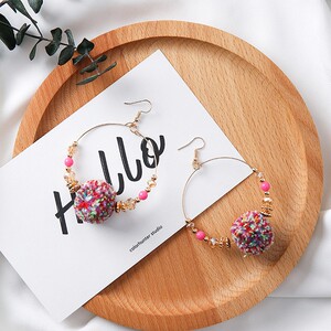 波西米亚秋冬个性大圆圈毛线流苏耳圈少女心彩色拼接毛球耳环耳饰