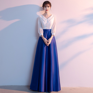 新款大合唱团演出服女长裙蓝色成人独唱朗诵比赛服装主持人晚礼服