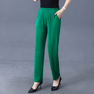 妈妈裤子夏季哈伦裤中老年真丝加肥加大码女裤直筒宽松丝绸九分裤