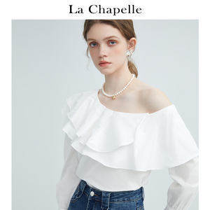 拉夏贝尔/La Chapelle白色斜领荷叶边长袖衬衫女春设计感别致上衣