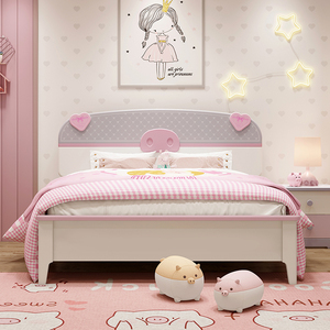 全实木儿童床女孩单人床 儿童房女童床少女粉色公主床1.5米卡通床