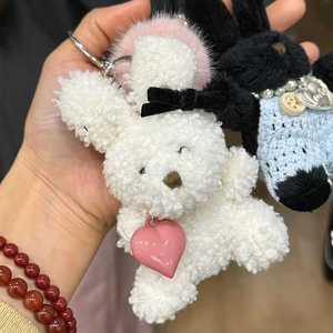 韩国新款泰迪卷爱心小兔子包挂件钥匙扣毛球珍珠爱心项链兔子挂件