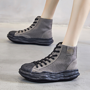 学生帆布鞋女韩版潮单鞋厚底女秋季贝壳头高帮鞋港味复古时装短靴