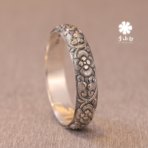 李小白 9999 纯银手镯 纯手工纯银手镯 格桑花银镯 银饰品首饰