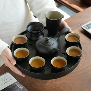 天生大器 黑色全陶瓷功夫茶具套装干泡茶盘家用简约日式茶杯茶壶