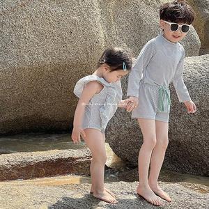 韩国儿童泳衣男女宝宝防晒速干条纹游泳衣长袖套装兄妹装洋气泳装