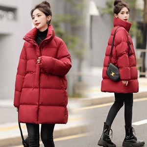 韩版宽松立领中长款面包羽绒服女装2023冬季新款东北超厚休闲外套