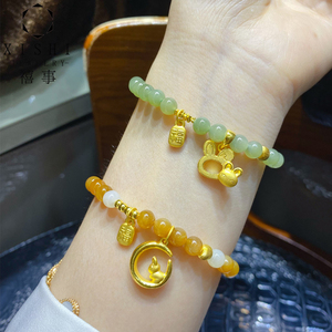 黄金轻奢月亮兔子转运珠和田玉手串足金生肖小兔子吊坠手链本命年