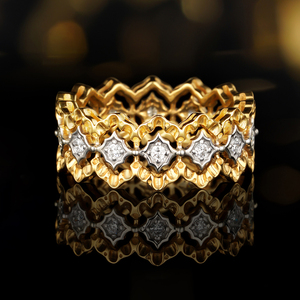双色拼接复古戒指18K金镶嵌天然钻石白金色珠宝浅金色真金