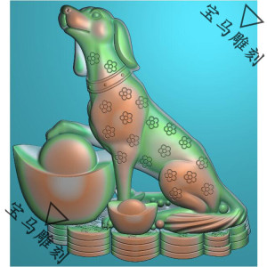 浮雕图jdp电脑雕刻图精雕图狗十二生肖狗元宝玉雕图铜钱蹲坐狗年