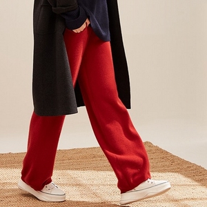 大红色针织阔腿裤