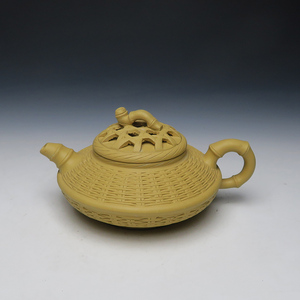 宜兴紫砂茶壶 名家正品手工原矿段泥 竹节钱菊芳竹编蟹篓壶320cc