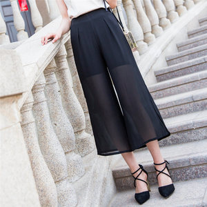 夏季新款开叉阔腿裤女雪纺休闲裤子高腰韩版垂感宽松温柔风裙裤