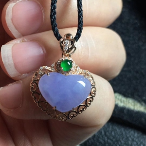 缅甸天然翡翠a货吊坠冰种浓色紫罗兰18k金镶玉心形挂件爱心桃挂坠