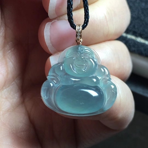 天然a货翡翠佛公吊坠高冰种天空蓝大肚弥勒笑佛18k金镶玉佛挂件女